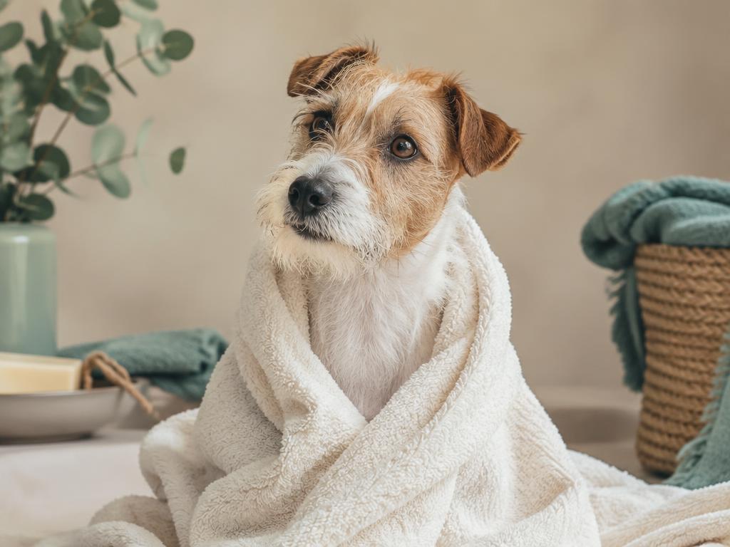 A calm terrier wrapped in a towel after a bath
