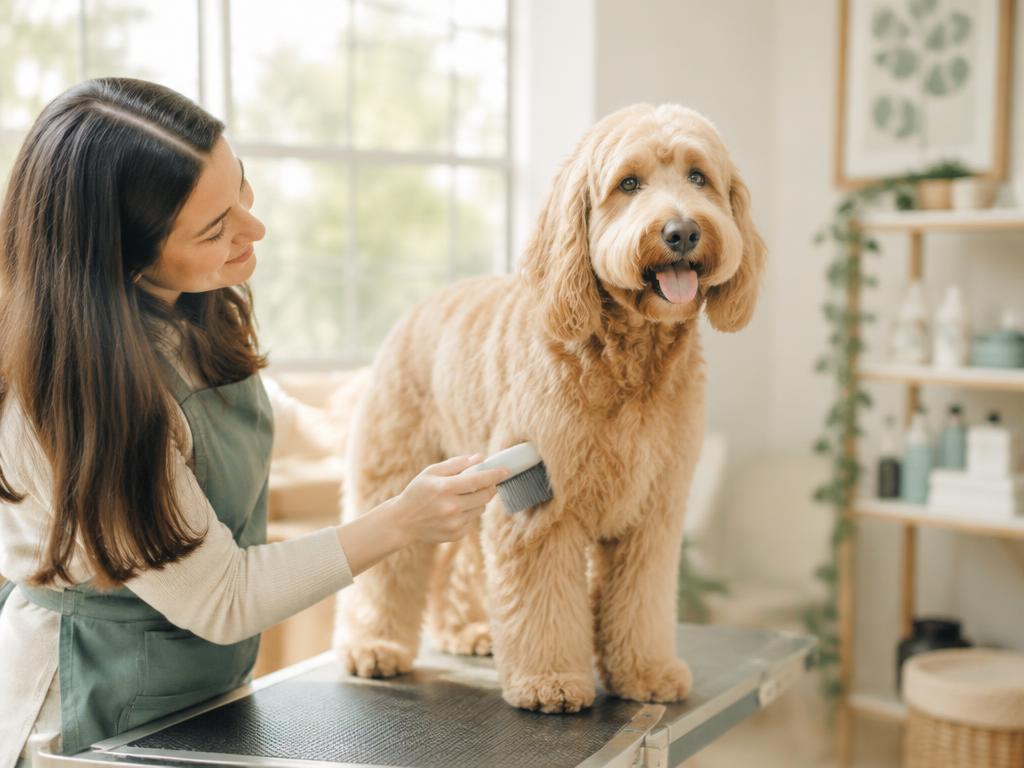 Maya brushing a goldendoodle on the grooming table
