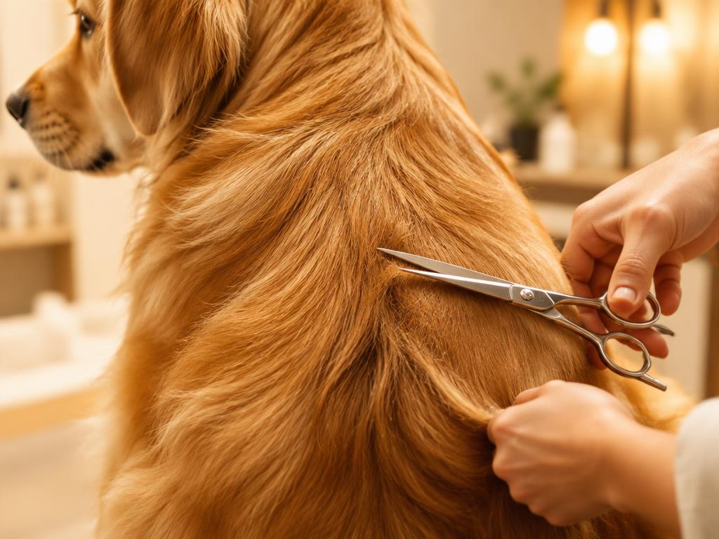 A golden retriever's coat being trimmed with scissors