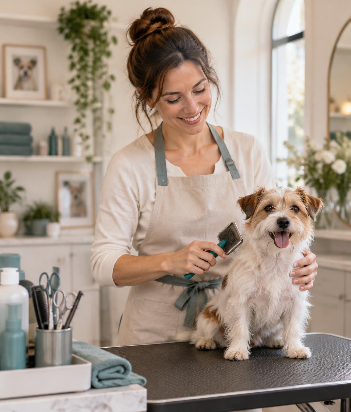 Maya, the groomer, with a dog