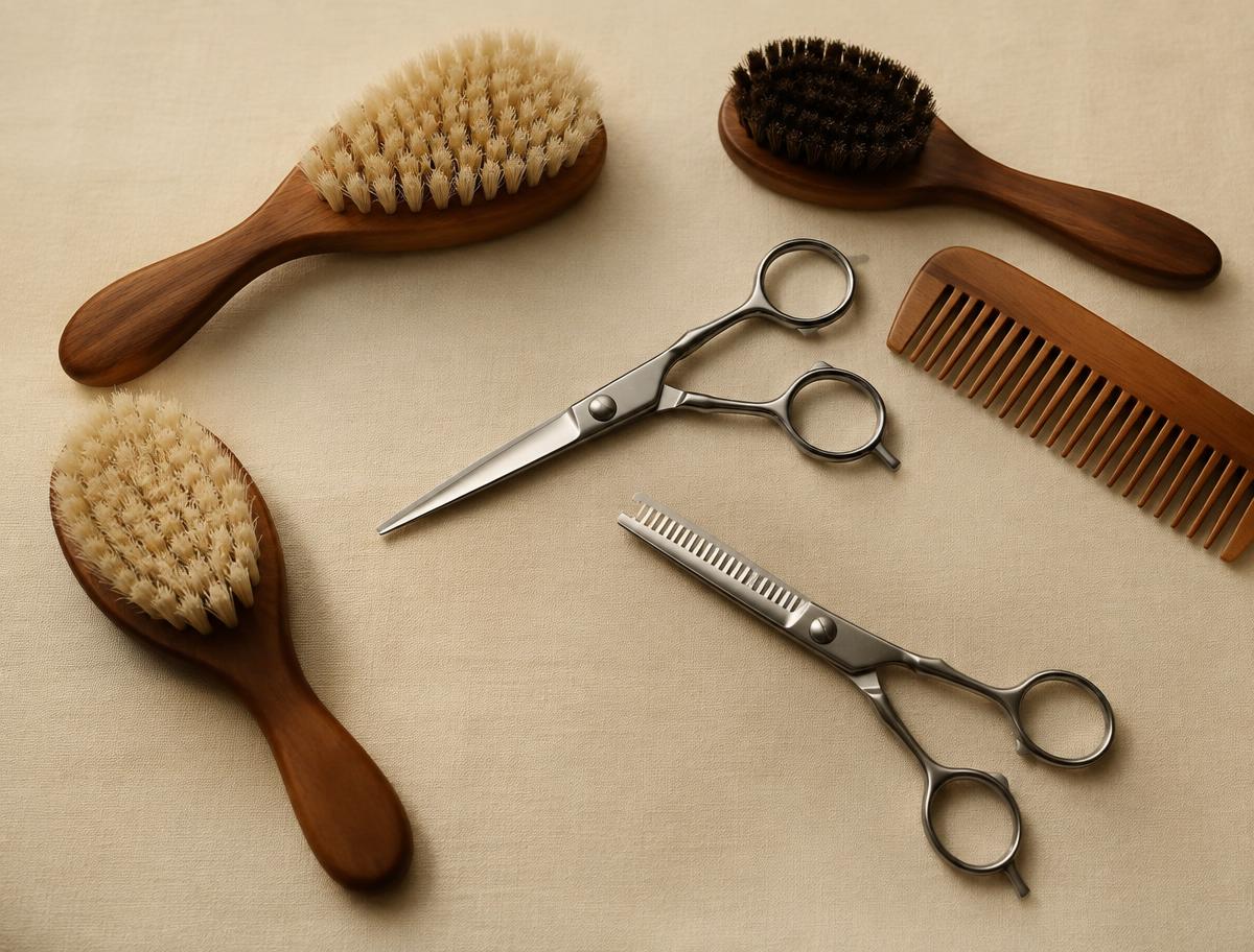 Clean grooming tools laid out on a table